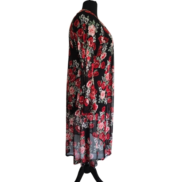 Plus Floral Duster Objex Jacket Vest Rose Red Black Mesh Romantic Bell 2X - Picture 3 of 6